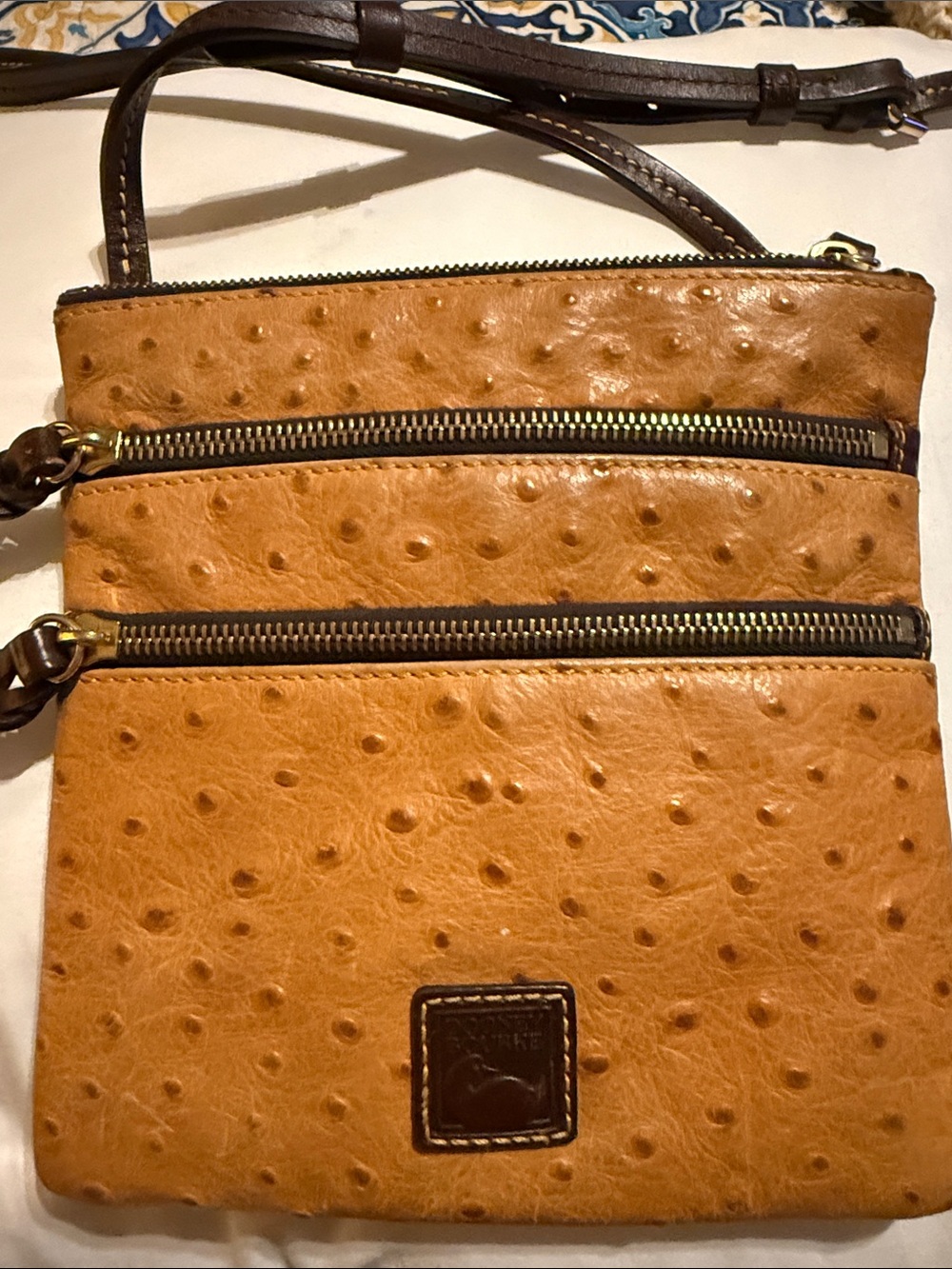 Dooney & Bourke Tan Ostrich-Texture Crossbody with Dark Brown Trim